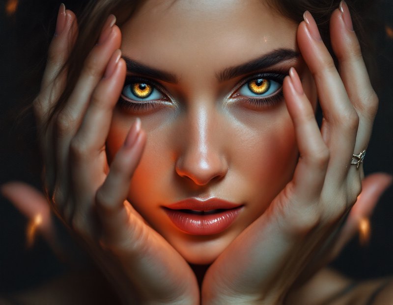 Close-up of a woman’s face with golden amber eyes framed by her hands.