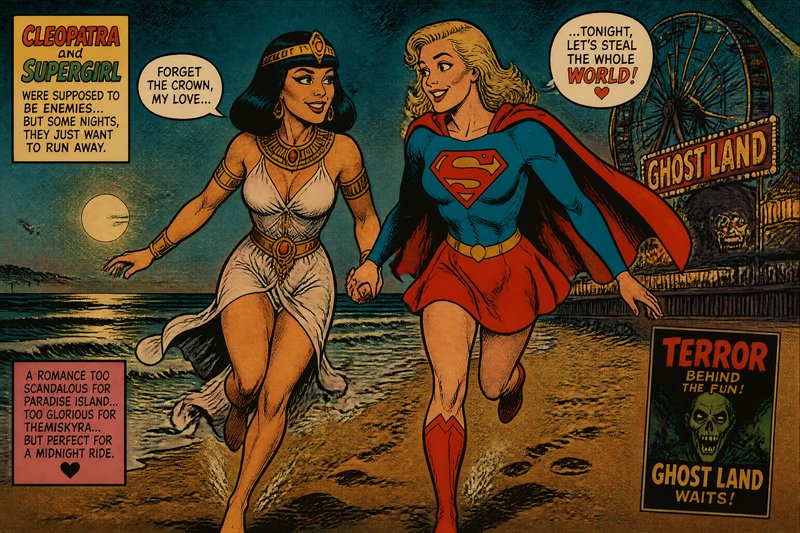 Cleopatra and Supergirl run hand in hand along a moonlit beach beside a Ghost Land sign.