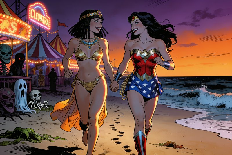 Wonder Woman and a Cleopatra-inspired ally walk hand-in-hand on a sunset beach carnival scene.