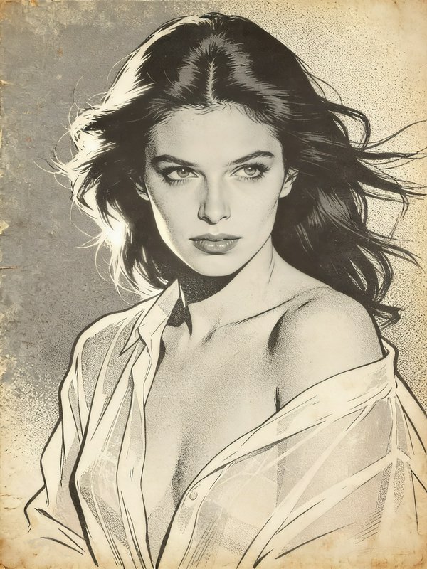 Stylized black-and-white portrait of a woman with flowing hair and an open shirt.