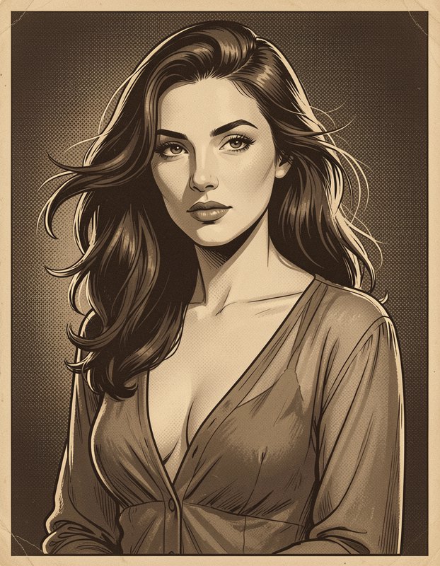 Stylized sepia-toned illustration of a woman with flowing hair and a deep V-neck cardigan.