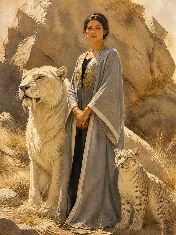 A woman in a pale blue gown stands with a white lion and a leopard cub in a rocky desert.