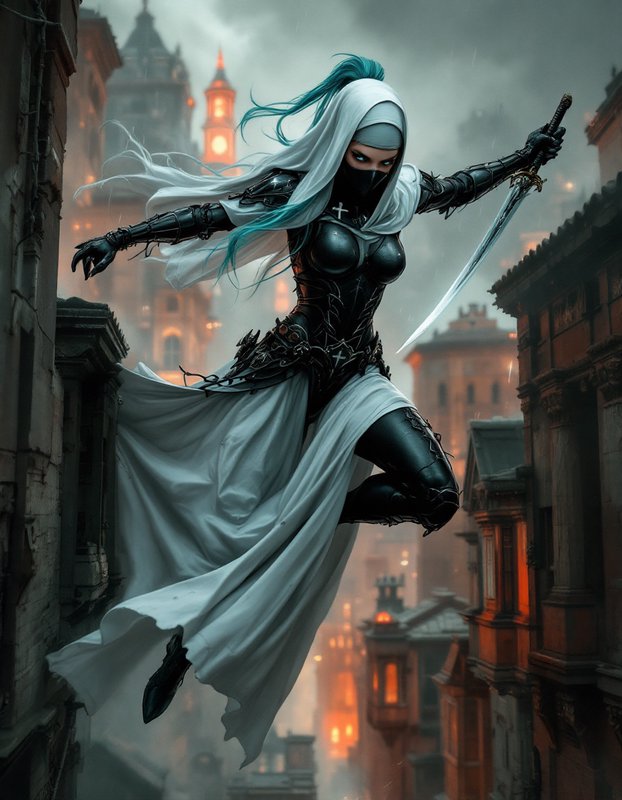 Armored ninja woman in a white cloak leaps between gothic city rooftops with a sword.