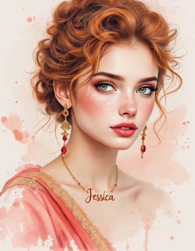 Portrait of a red-haired woman with green eyes, wearing gold and pink jewelry.