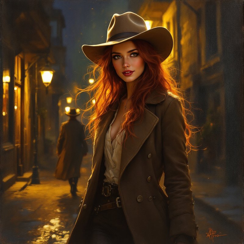 Striking red-haired woman in a fedora and trench coat stands in a misty, gas-lit vintage city alley at dusk