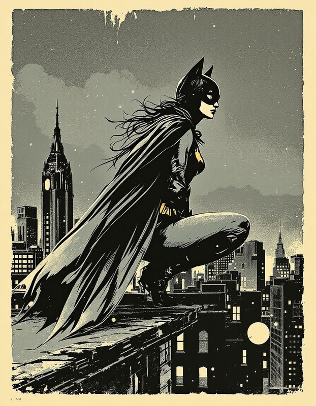 Retro comic illustration of Batgirl crouching on a Gotham city rooftop overlooking a starry night skyline