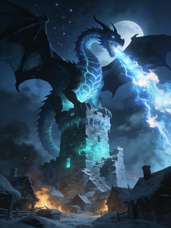 A colossal western-style ice dragon with ice-blue scales and frozen glacier-blue veins pulsing beneath its surface perches atop a crumbling frozen medieval castle tower. The dragon's wings are fully extended, casting an ominous shadow over the frozen village below. Streams of brilliant frost blue and white fire erupt from its maw, illuminating the night sky. The castle stones glow frozen teal from the intense cold. In the background, stars are visible through gaps in cold misty clouds, and a full moon hangs low on the horizon, partially obscured by the dragon's serpentine neck.

Style: High Fantasy Realism / Epic Digital Painting

Composition: A low-angle shot looking upward at the dragon, emphasizing its massive size. The dragon dominates the upper two-thirds of the frame, while the burning village in the lower third adds depth.

Lighting: Dramatic chiaroscuro lighting—the primary light source is the dragon's own frosty breath, creating arctic blue/glacial depths highlights against deep blue moonlight and shadows. Rim lighting outlines the dragon's silhouette.

Adjectives: Monumental, Devastating, Majestic, Apocalyptic
