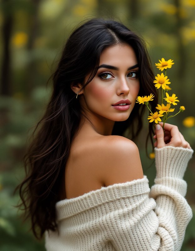 Portrait of young woman with long dark hair holding yellow daisies, wearing an off-shoulder cream sweater in a blurred for...