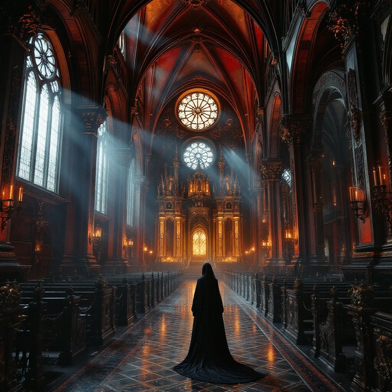 [Lone hooded figure in black stands in a grand ornate gothic cathedral as sunbeams stream through stained glass windows]