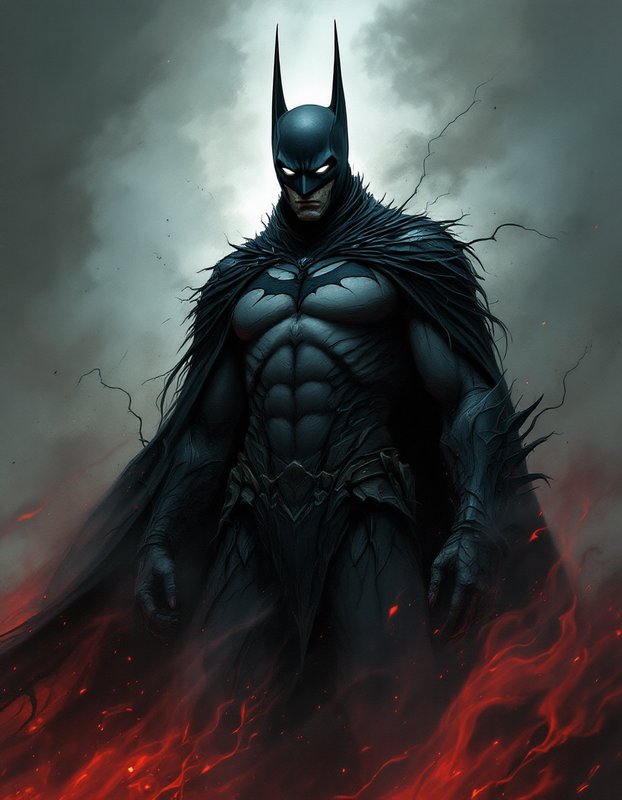 Gothic stylized Batman with glowing eyes stands in stormy mist, swirling red fiery embers curling around his feet.