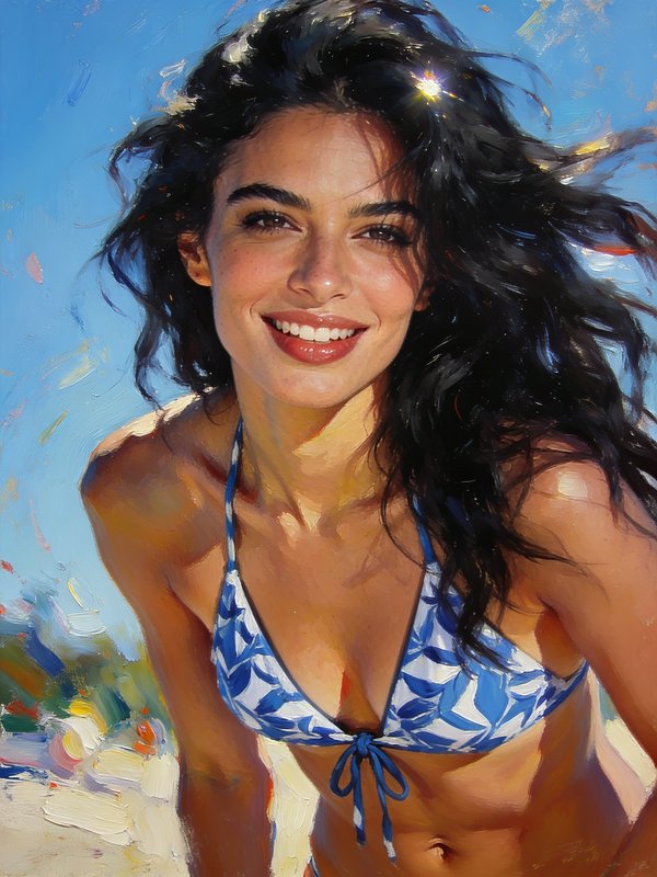 Impressionist oil portrait of smiling sun-kissed woman in blue print bikini, wind-blown dark hair on sunny beach