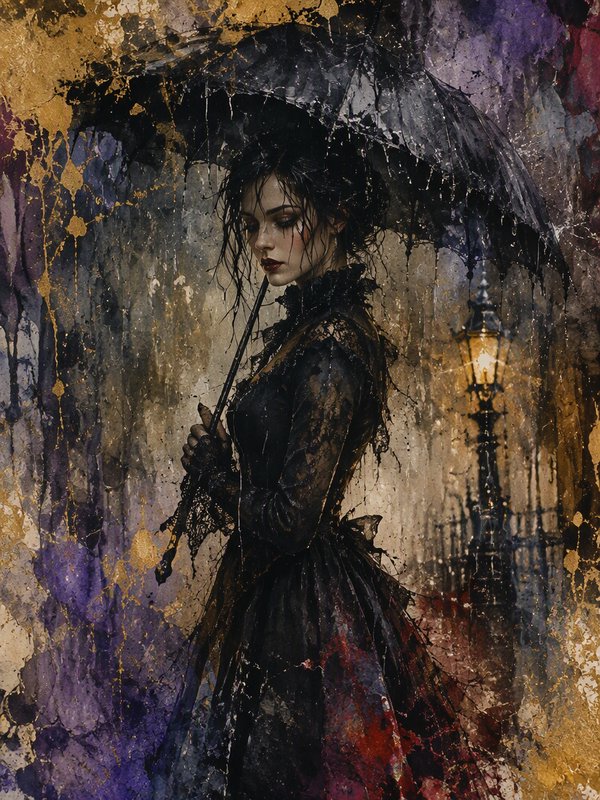 Textured painterly artwork of a gothic Victorian woman holding a black umbrella in rain beside a glowing vintage streetlamp.