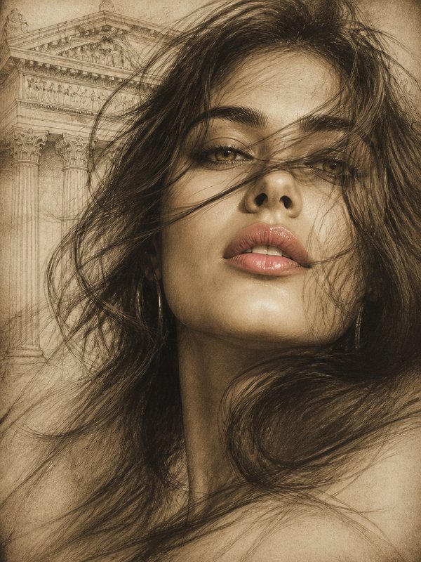 Sepia fine art portrait of a woman with windswept hair, hand-sketched classical architectural columns in the background.