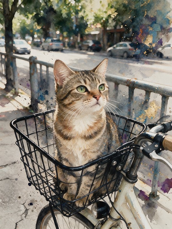 Watercolor of a bright green-eyed tabby cat sitting calmly in a front bicycle basket on a sunny city sidewalk.