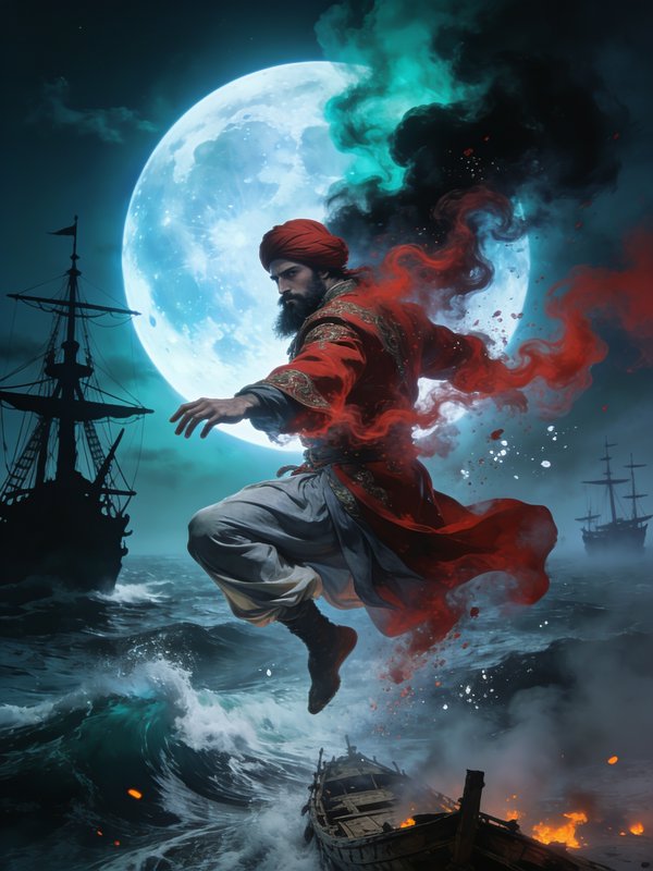 Bearded fantasy sorcerer in a red turban hovers above a stormy sea, with sailing ships and a gian...