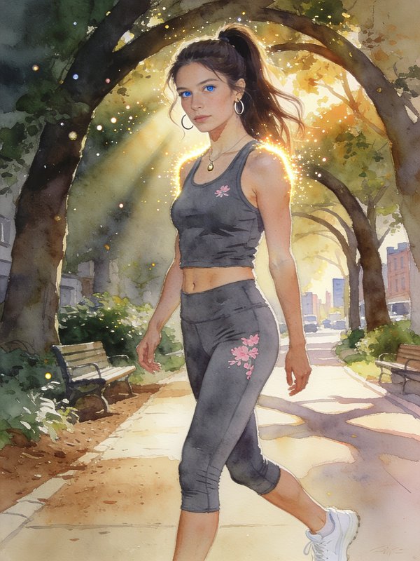 Watercolor illustration of a fit young woman in activewear walking on a sunlit tree-lined city si...