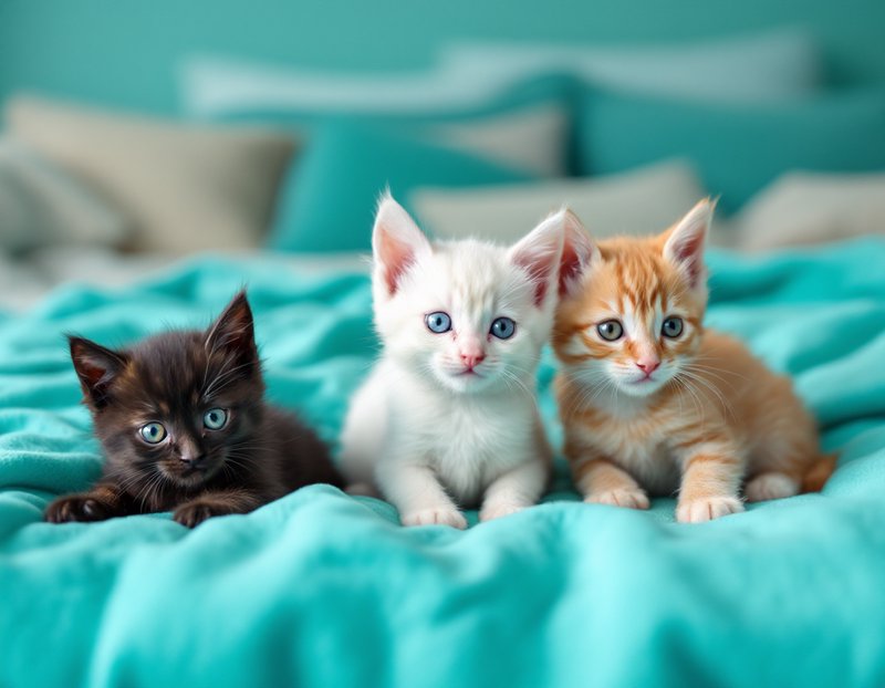 Three fluffy young kittens (dark brown, white, orange tabby) sit in a row on a soft teal bed faci...