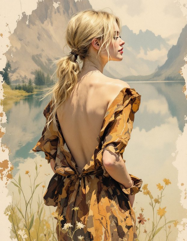 Blonde woman in open back earth-tone dress overlooking alpine lake, vintage painterly art style