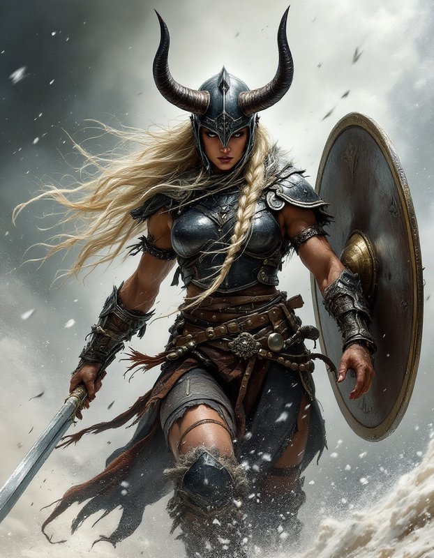 Fierce armored female viking shield maiden with horned helmet holds a sword and round shield in a...