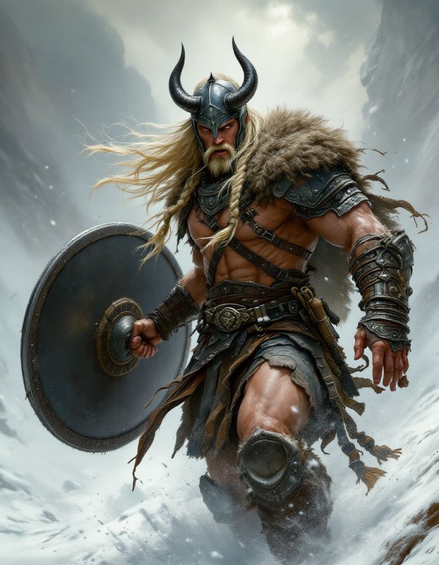 Muscular horned-helmet viking warrior holds a round shield while advancing through a snowy mounta...