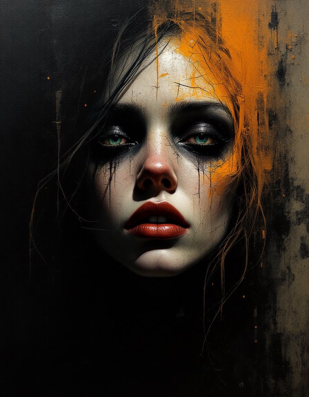 Close-up painterly portrait of a woman with smudged dark eye makeup, vibrant orange brush accents...
