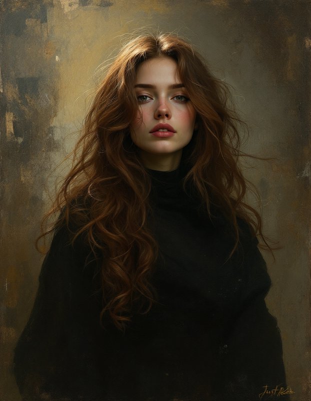 Oil portrait of a pensive young woman with long wavy auburn hair in a black turtleneck against a ...