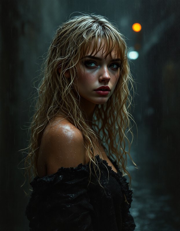 Close-up portrait of a young blonde woman with wet hair standing in a dark rainy city alley at night
