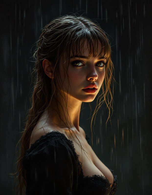 Dramatic cinematic portrait of a young woman with wet hair standing in rain, warm rim lighting ag...