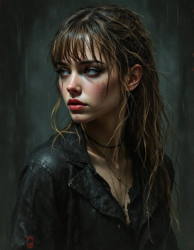 Hyperrealistic portrait of pensive young woman with wet hair standing in rain, moody dark atmosph...
