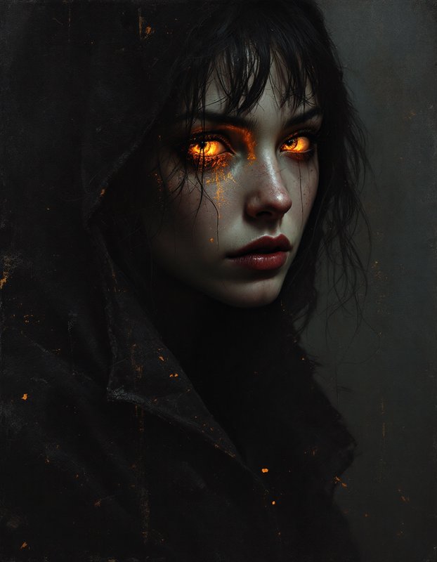Close-up dark fantasy portrait of a hooded woman with glowing fiery orange eyes and trailing gold...