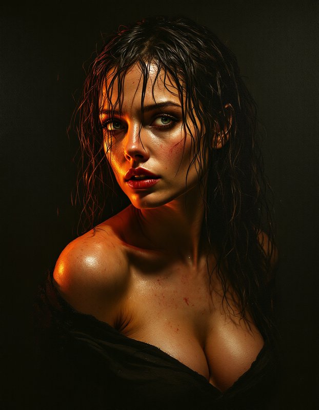Dramatic low-key portrait of a woman with wet dark hair, warm golden side lighting, faint scrapes...