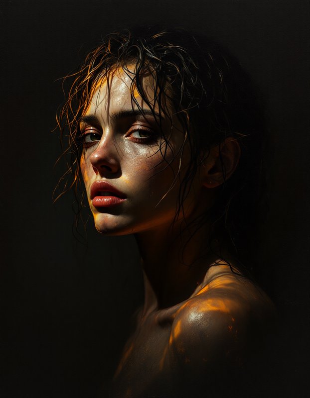 Dramatic low-key portrait of a woman with wet tousled hair, warm golden rim lighting illuminating her skin against a deep ...