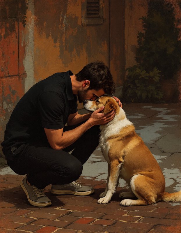 Bearded man crouching to tenderly nuzzle his seated fluffy tan and white dog on a sunlit brick patio