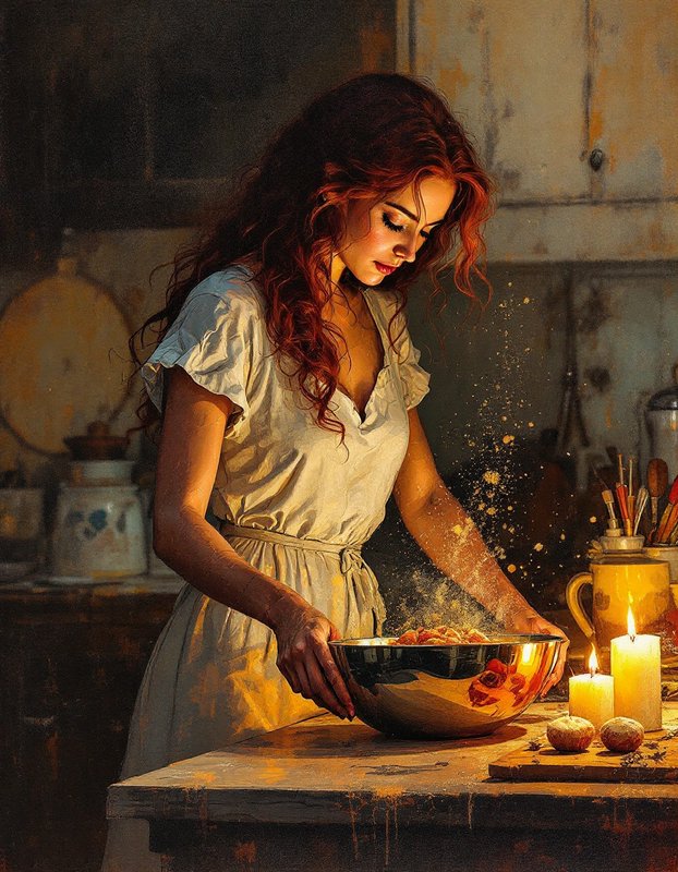 Oil painting of curly red-haired woman baking, dusting flour from a mixing bowl in a warm candlel...