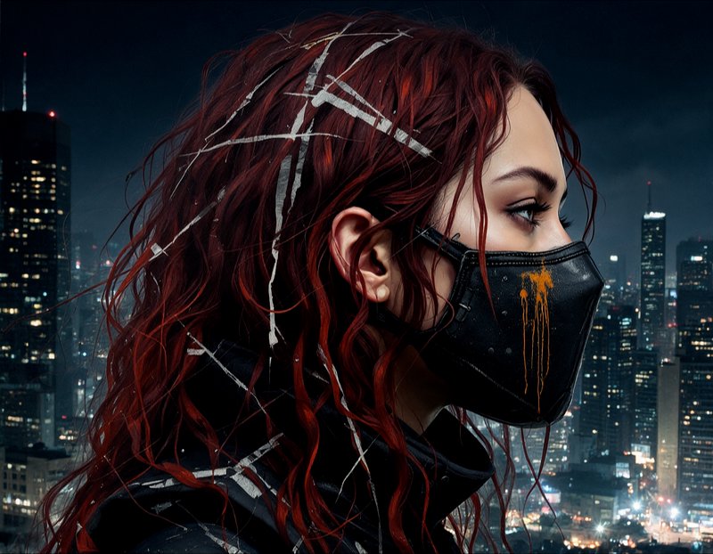 [Profile view of a masked red-haired cyberpunk woman overlooking a glowing night city skyline]