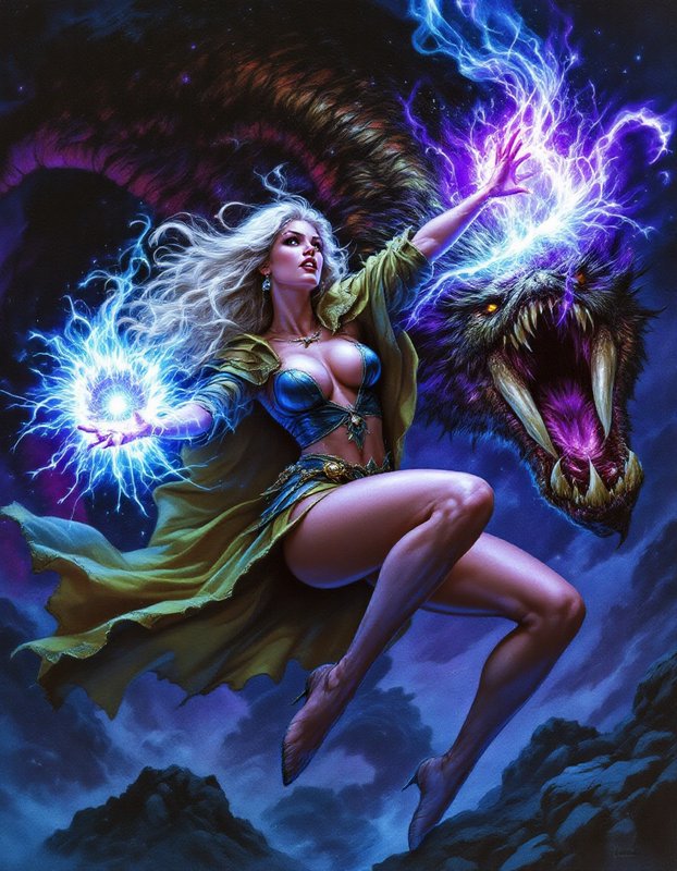 Blonde fantasy sorceress casts crackling lightning magic while battling a roaring fanged monster ...