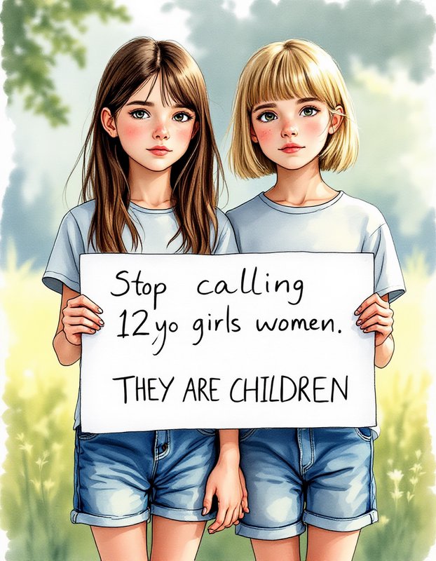 [Two preteen girls hold a protest sign reading "Stop calling 12yo girls women. THEY ARE CHILDREN" in a sunlit outdoor wate...