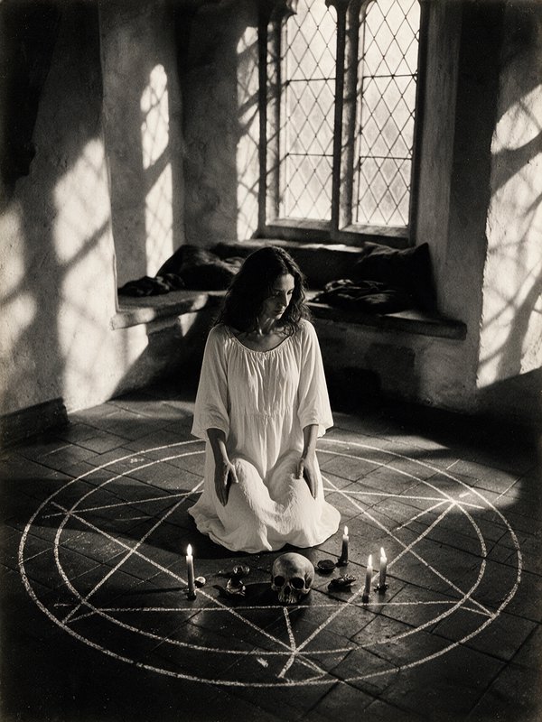 Woman kneels inside a chalk occult pentagram circle with candles and skull in a sunlit medieval s...