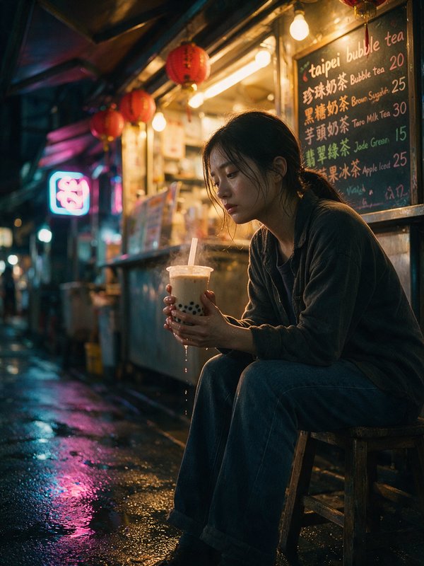 Pensive young woman holds bubble tea while sitting outside a glowing Taipei night market stall on a rainy wet evening.
