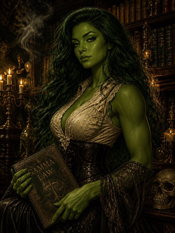 Regal green-skinned fantasy lawyer holds an ornate Gamma Law book in a dim candlelit gothic library