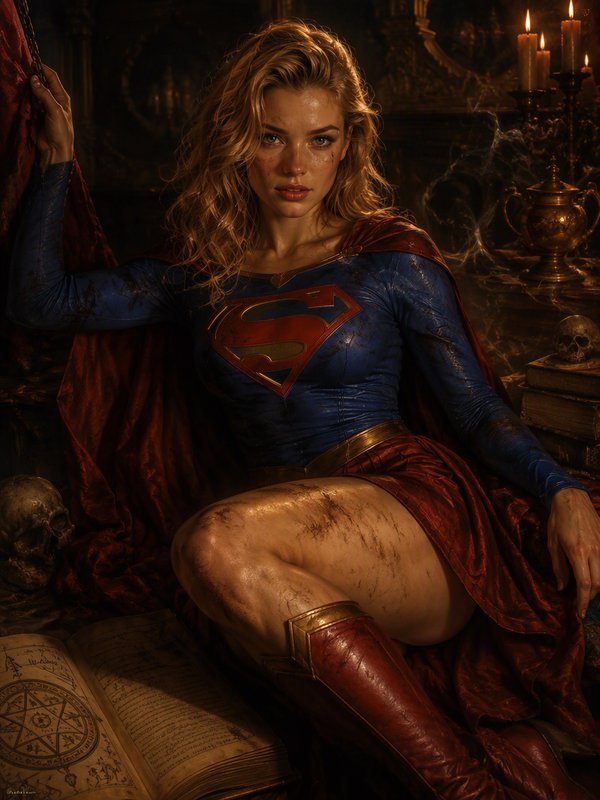 Battle-worn Supergirl in her signature costume rests in a dim, candlelit gothic baroque chamber