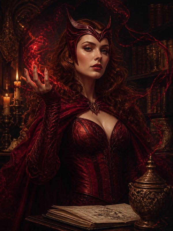 Scarlet Witch conjures swirling glowing red chaos magic in a dim candlelit gothic library study