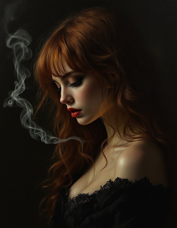 Moody low-key portrait of a red-haired woman with wispy curling smoke, dark dramatic studio backg...