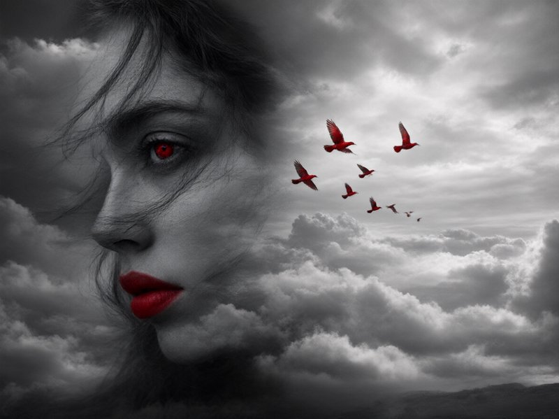 Surreal double exposure artwork: translucent woman's face with red eye/lips merges with storm clo...