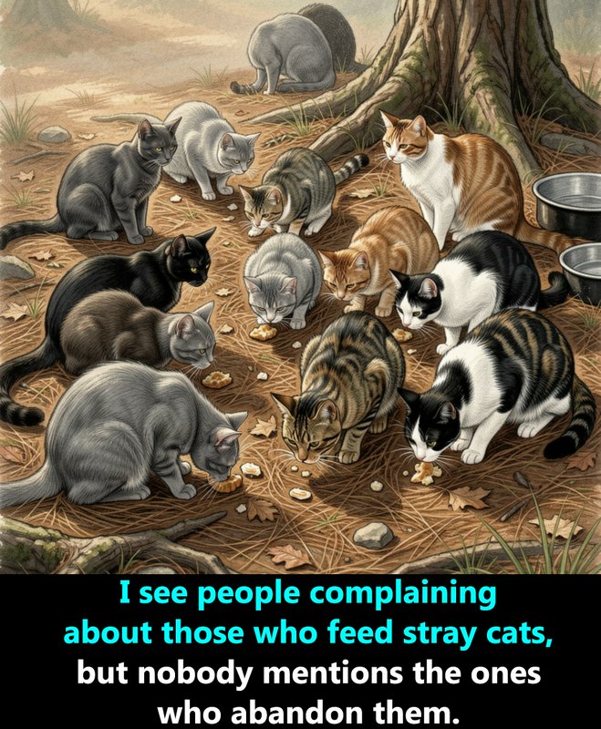 Storybook illustration of a group of stray cats eating scattered food under a tree, overlaid with...