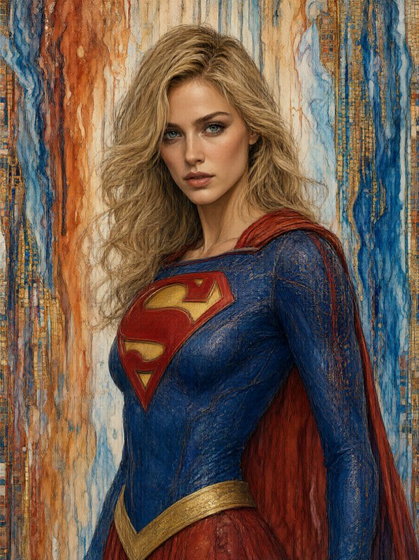 Painterly fine art portrait of Supergirl in her classic supersuit, gazing thoughtfully at the vie...