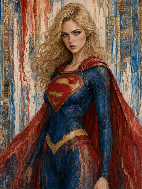 Textured painterly portrait of Supergirl in her iconic blue, red, gold superhero costume, looking...