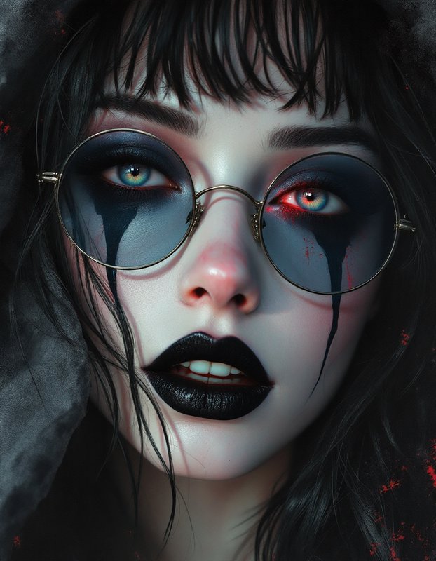 Close-up goth portrait of a woman with round gold glasses, streaked black tear makeup, glowing ey...