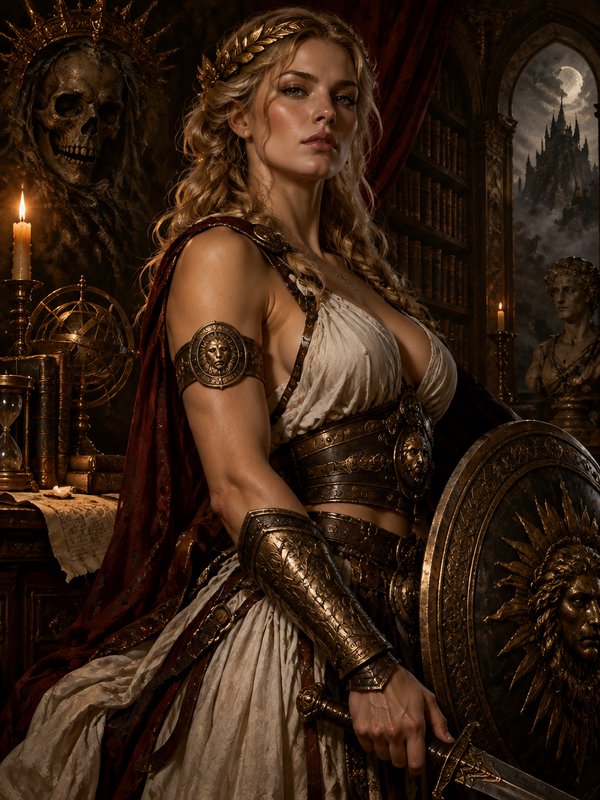 Powerful blonde Greek warrior goddess with gold laurel crown holds sword and shield in a dim opul...