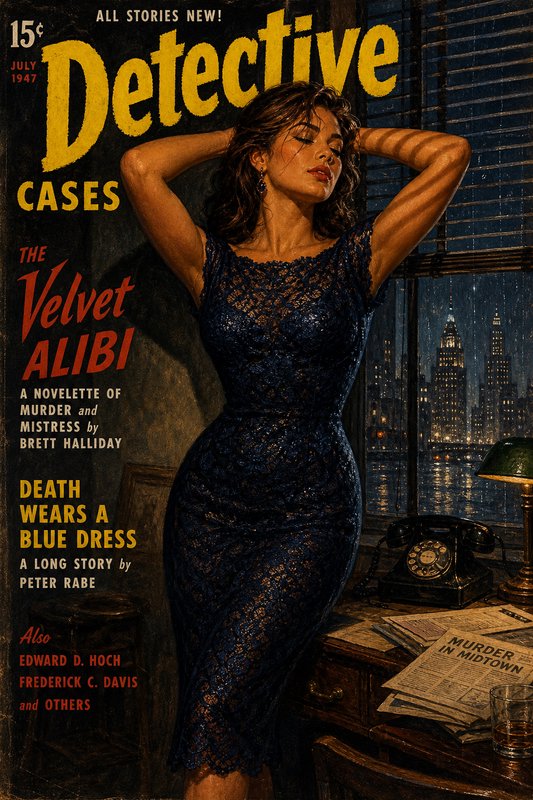 Vintage 1947 Detective Cases pulp magazine cover featuring a glamorous femme fatale in a blue lac...